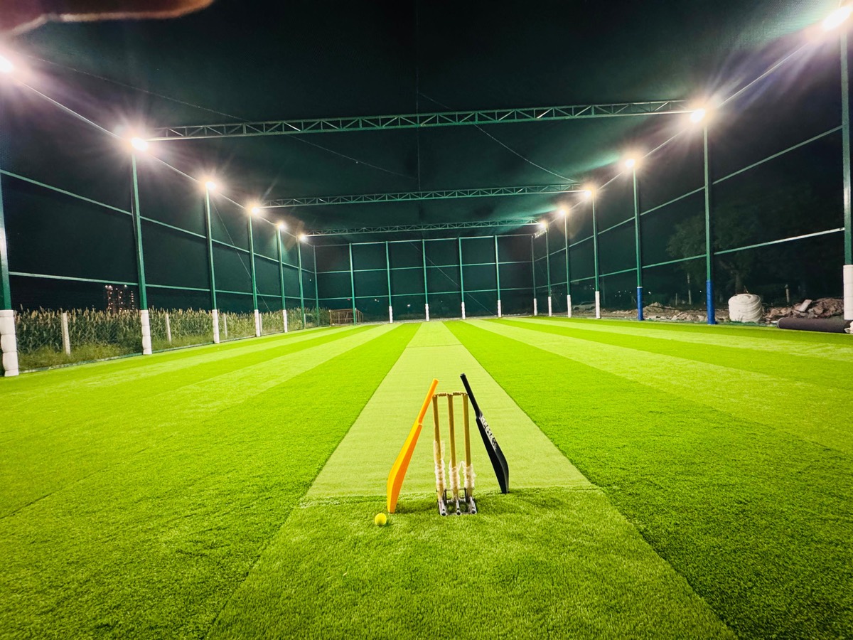 Stumps and bat on the pitch